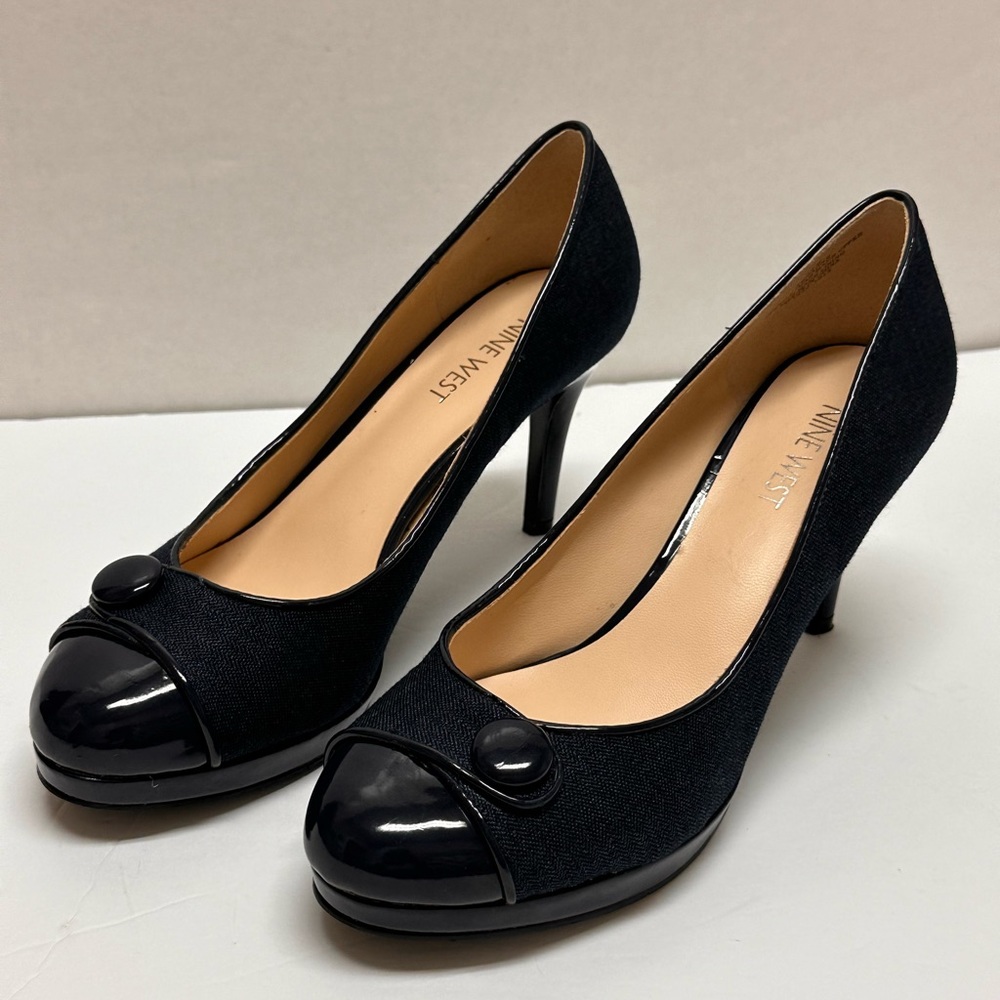 Nine West Black Peep Toe Patent Trim Pumps